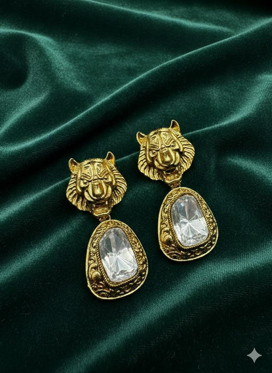 Vintage Gold Tiger Head Earrings • Crystal Drop Statement Jewelry