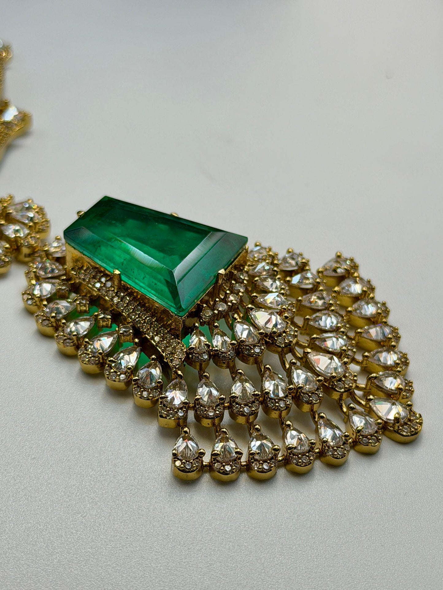 Emerald Green Ad Necklace Set • Antique Gold Statement Necklace with Earrings • Bridal & Festive Jewelry