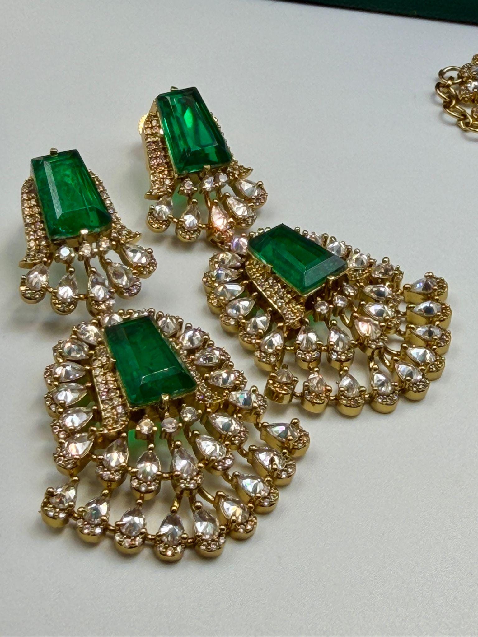 Emerald Green Ad Necklace Set • Antique Gold Statement Necklace with Earrings • Bridal & Festive Jewelry