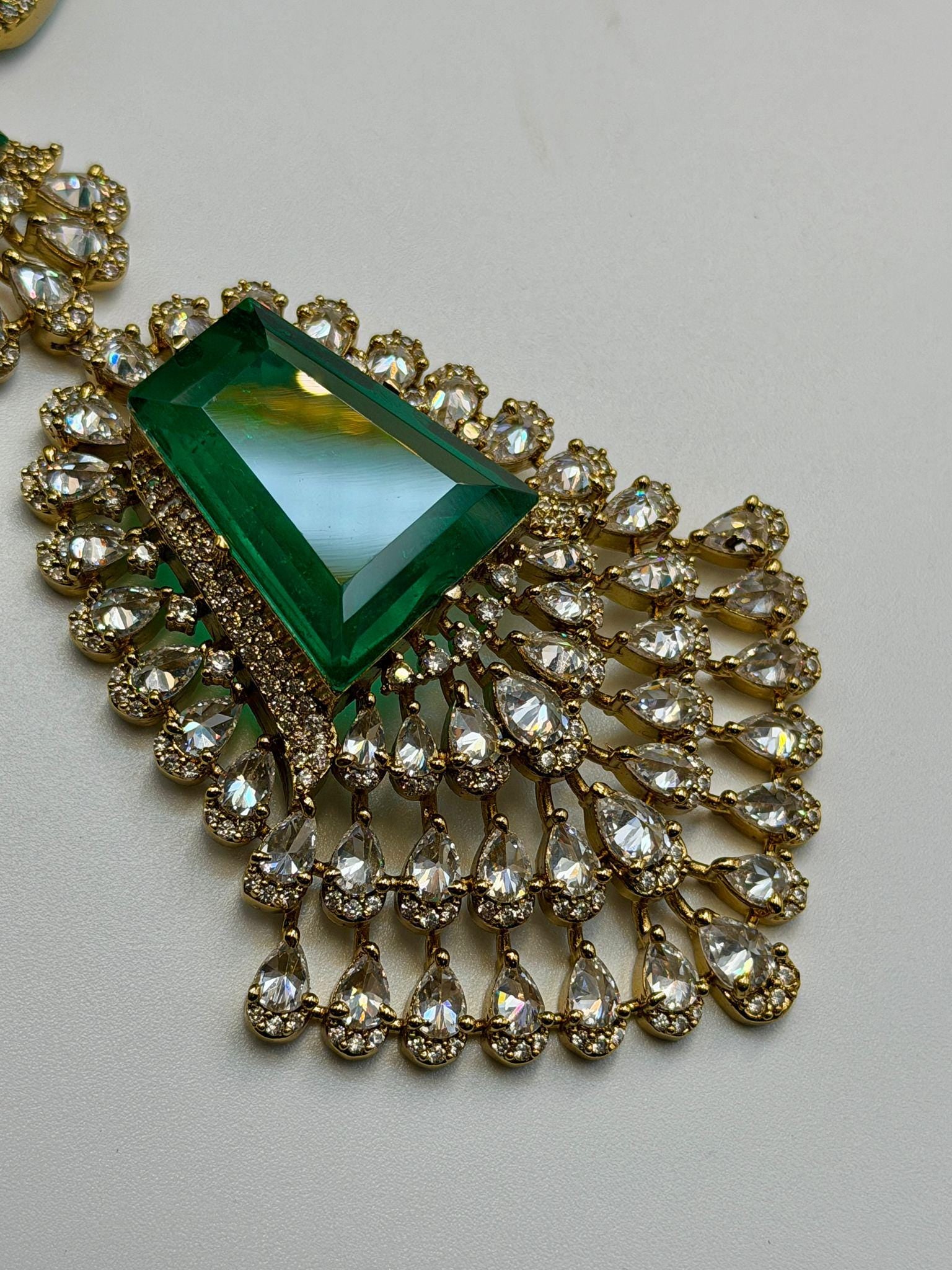 Emerald Green Ad Necklace Set • Antique Gold Statement Necklace with Earrings • Bridal & Festive Jewelry