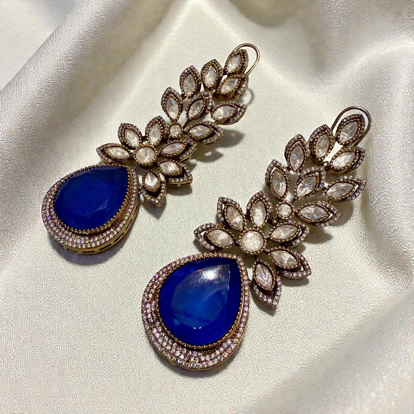 Royal Blue Teardrop Earrings | Gold Floral Statement Jewelry