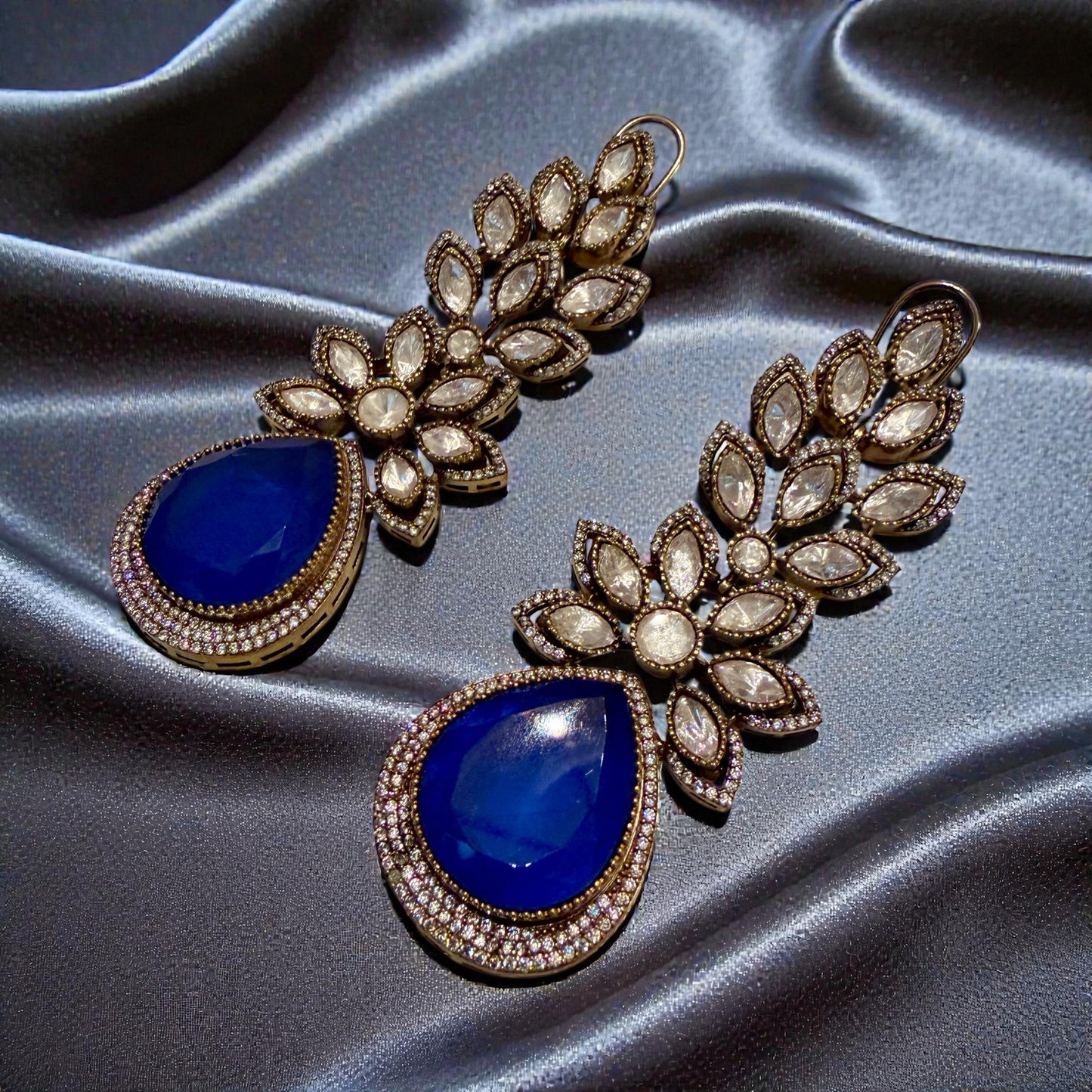Royal Blue Teardrop Earrings | Gold Floral Statement Jewelry
