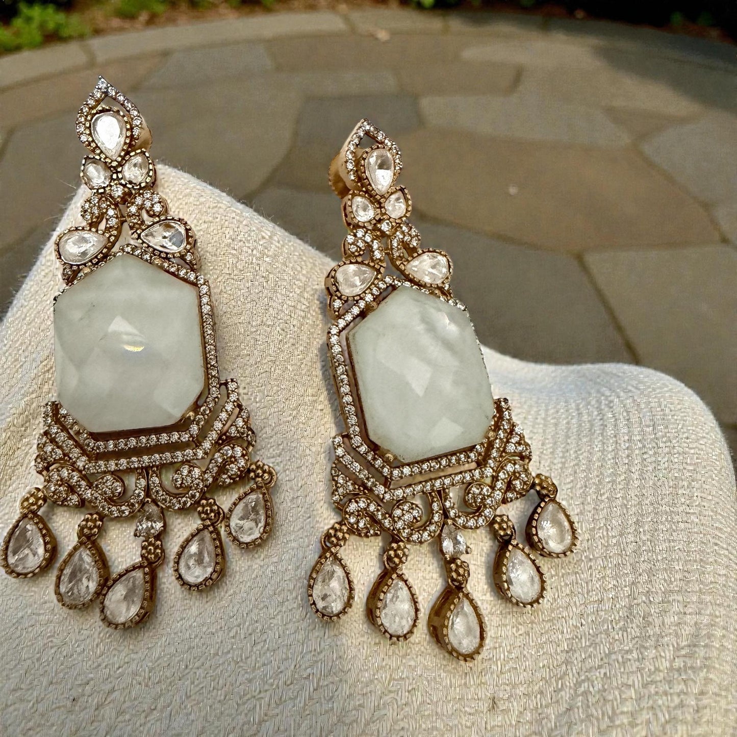 White Stone Earrings with Gemstones - Gold Tone Dangle Earrings high end designer JD-17