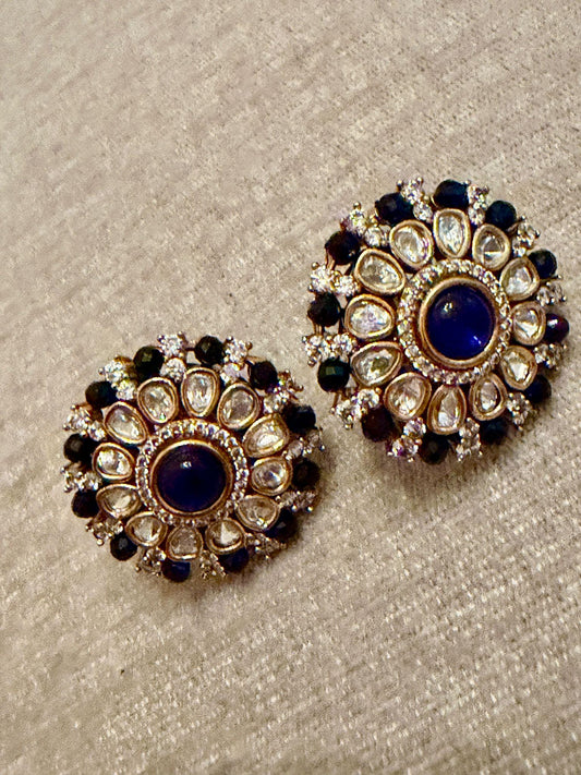 Royal Blue Round Stud Earrings | Gold Floral Studs | Bridal Statement Earrings monzonite