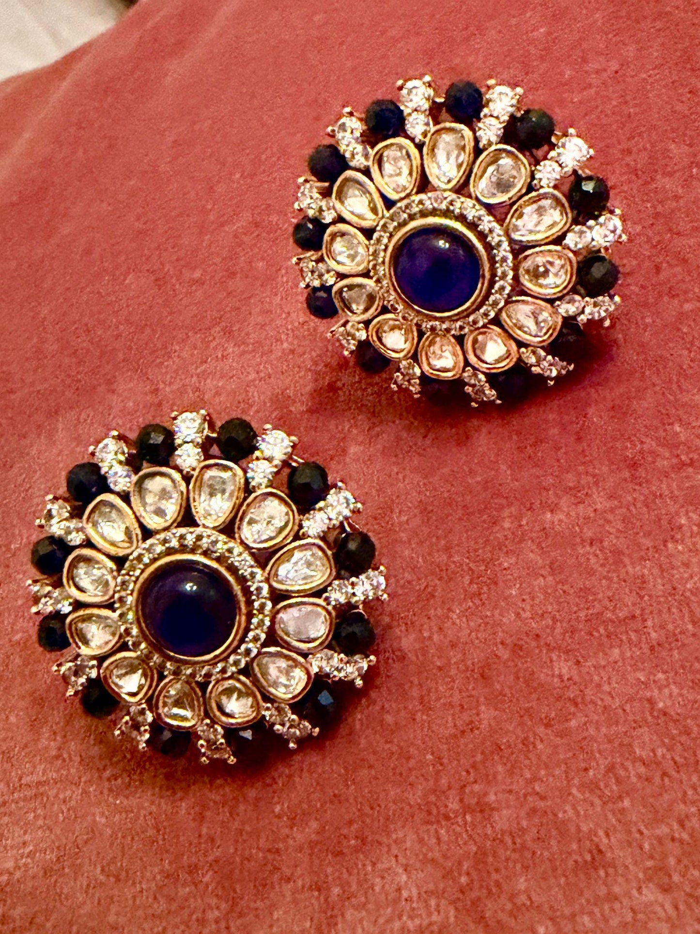 Royal Blue Round Stud Earrings | Gold Floral Studs | Bridal Statement Earrings monzonite