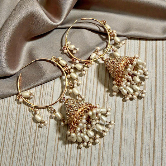 Gold Hoop Jhumka Earrings with Pearl Drops | Traditional Indian Statement Earrings