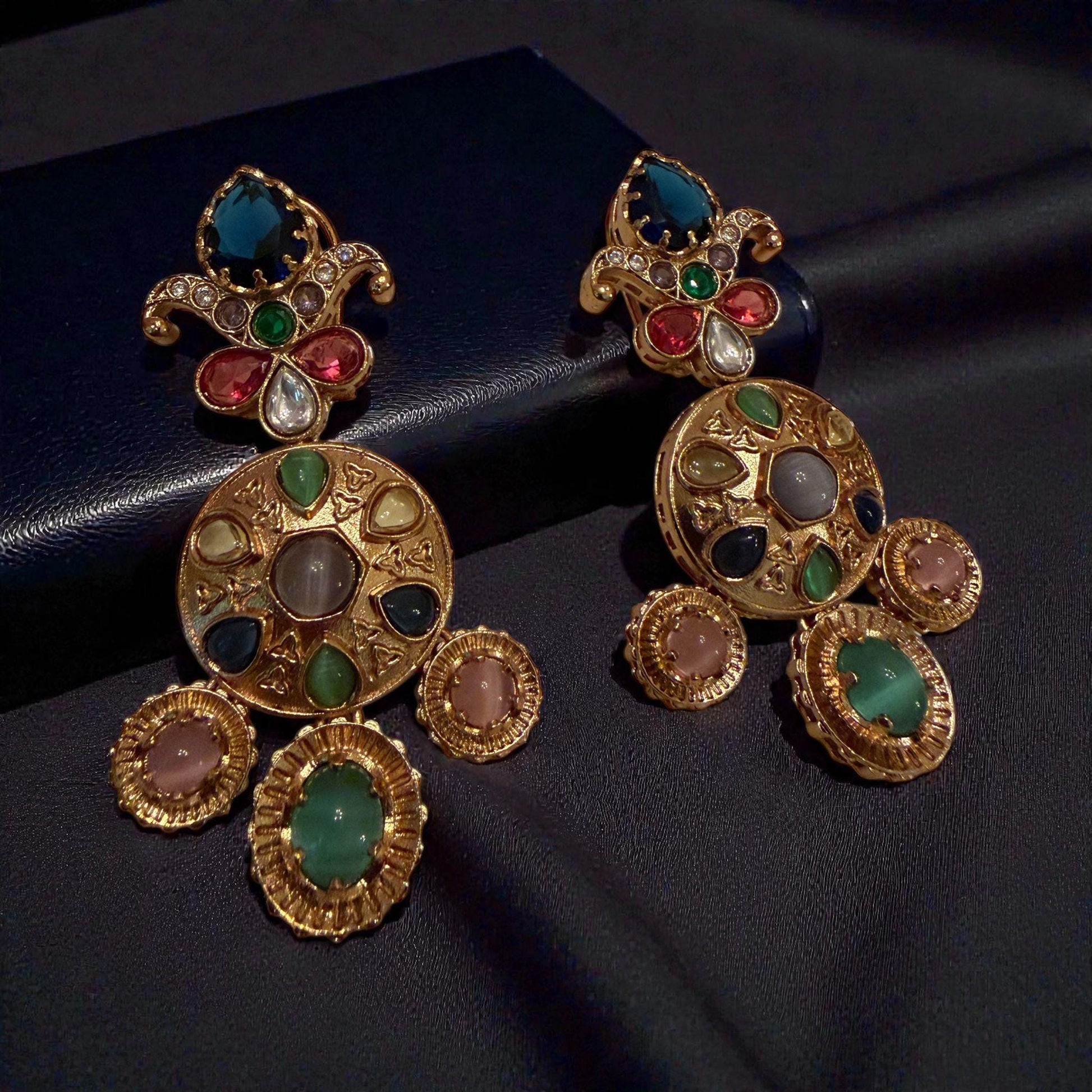 Gold Tone Multicolor Statement Earrings | Festive Wedding Jewelry