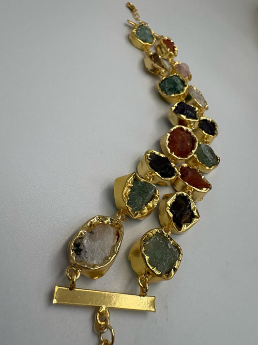 Raw natural Stone Bracelet • Handmade Multi Stone Gold Plated Bracelet • Organic Statement Bracelet • Toggle Clasp Jewelry
