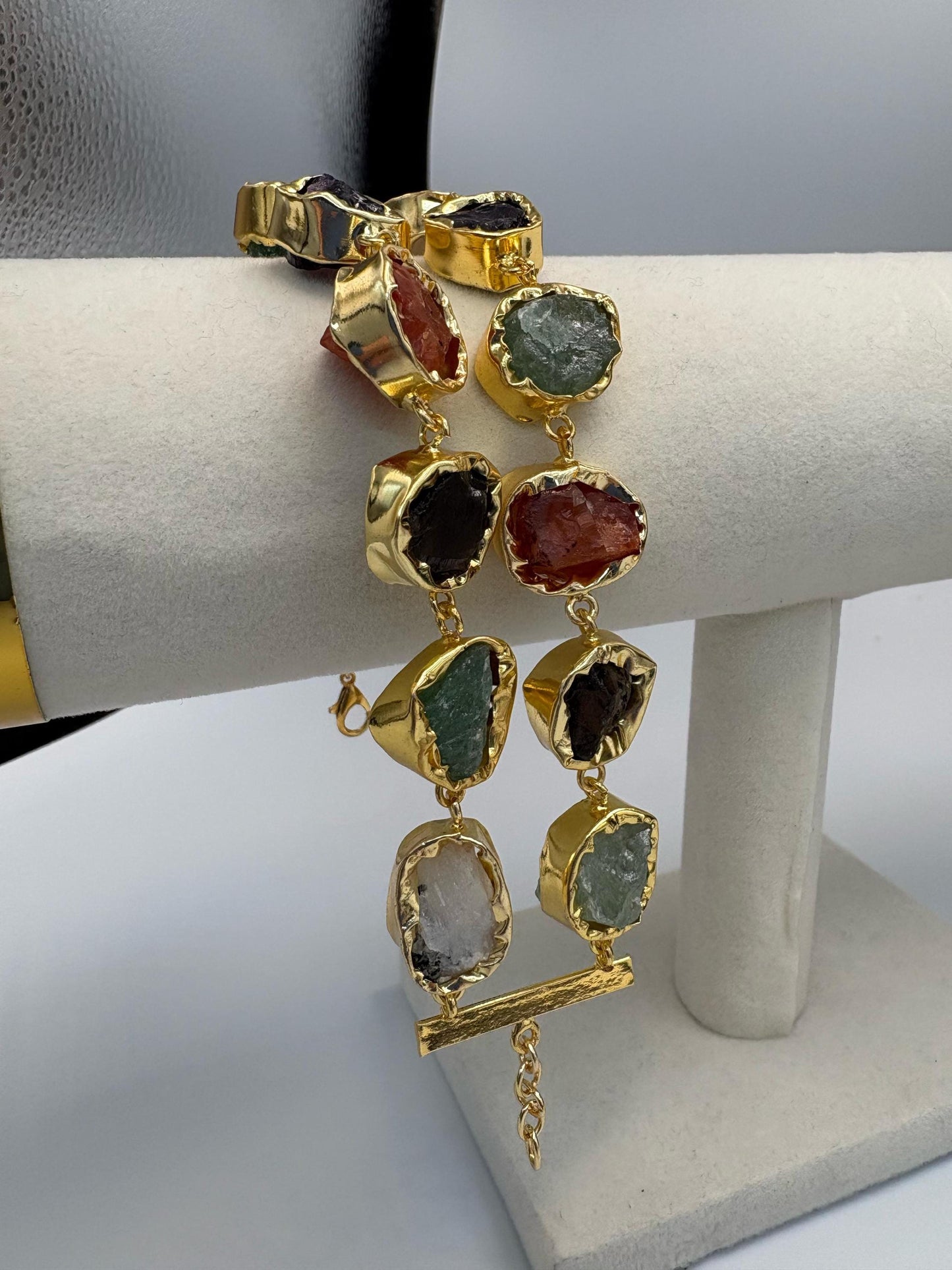 Raw natural Stone Bracelet • Handmade Multi Stone Gold Plated Bracelet • Organic Statement Bracelet • Toggle Clasp Jewelry