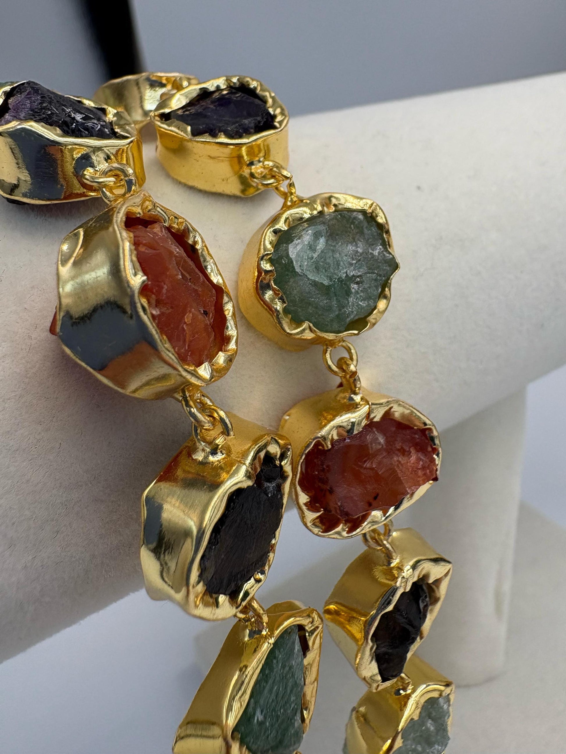 Raw natural Stone Bracelet • Handmade Multi Stone Gold Plated Bracelet • Organic Statement Bracelet • Toggle Clasp Jewelry