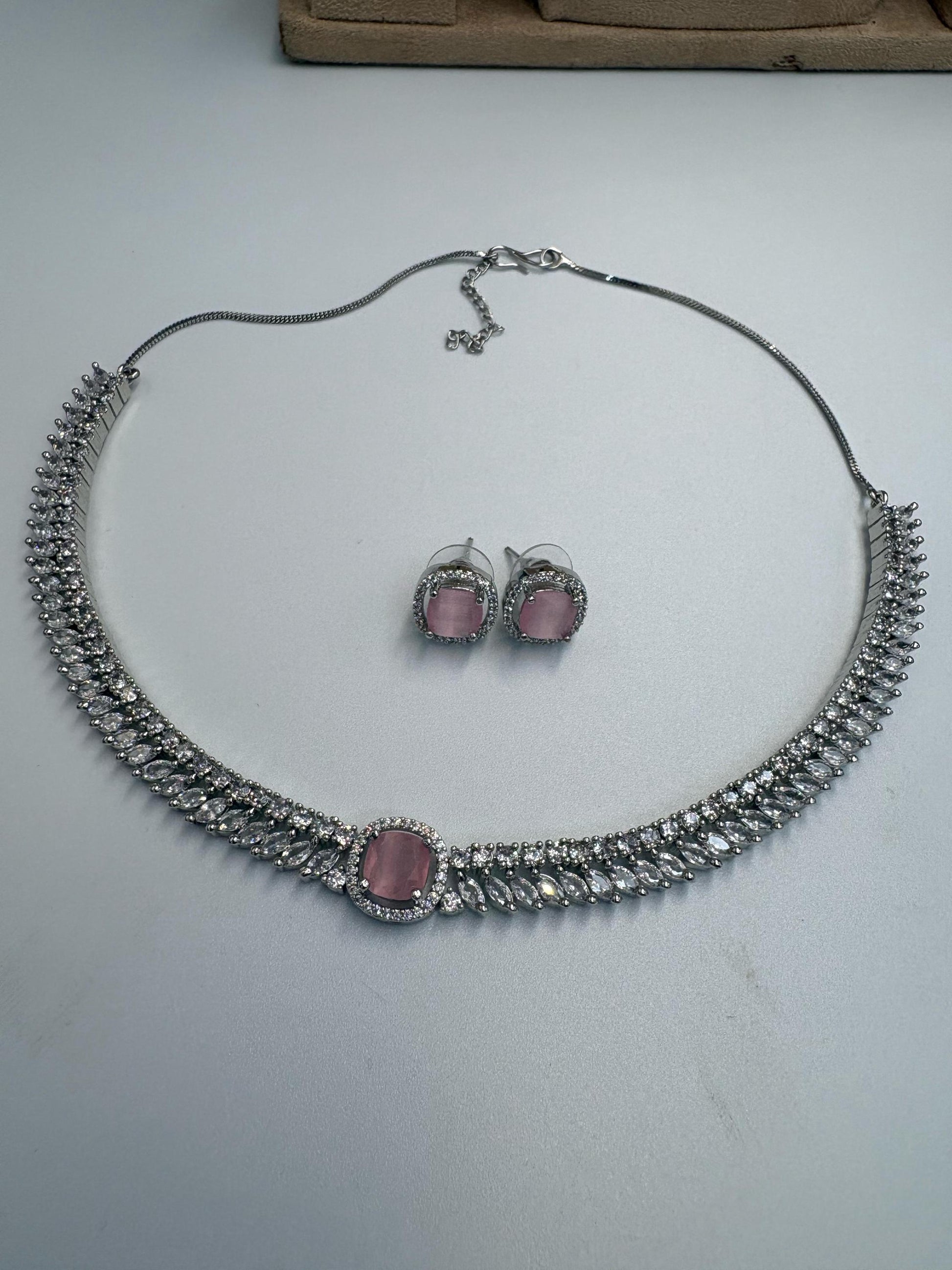 Silver tone delicate Necklace Set with Pink Center Accent • Elegant Necklace & Stud Earrings • Bridal Party Jewelry