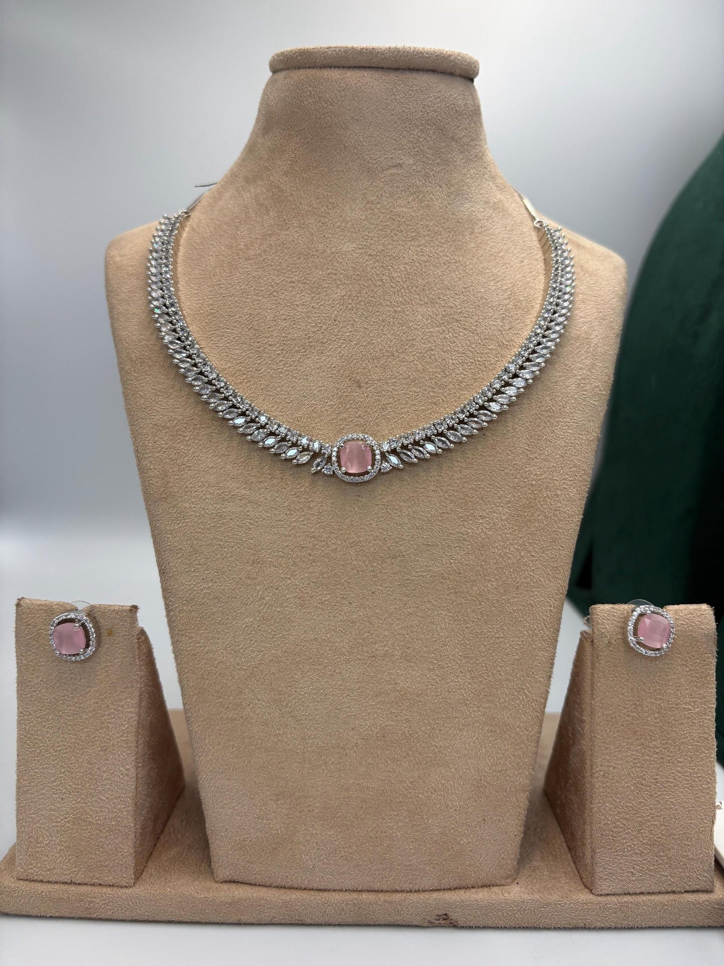 Silver tone delicate Necklace Set with Pink Center Accent • Elegant Necklace & Stud Earrings • Bridal Party Jewelry