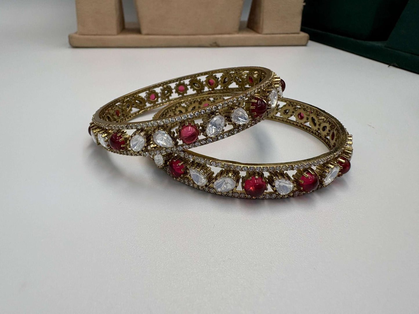 Gold Statement Bangle Set with Red & Clear Crystal Accents • Traditional Wedding Bangles • Festive Indian Jewelry
