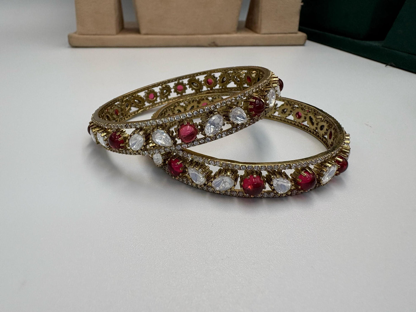 Gold Statement Bangle Set with Red & Clear Crystal Accents • Traditional Wedding Bangles • Festive Indian Jewelry