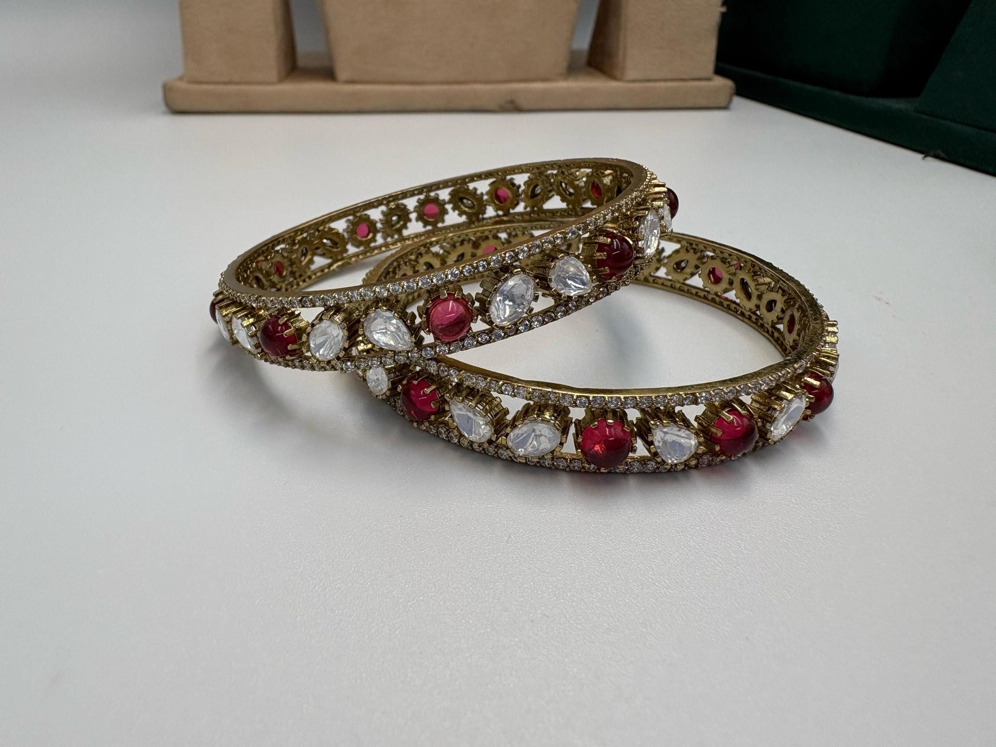 Gold Statement Bangle Set with Red & Clear Crystal Accents • Traditional Wedding Bangles • Festive Indian Jewelry