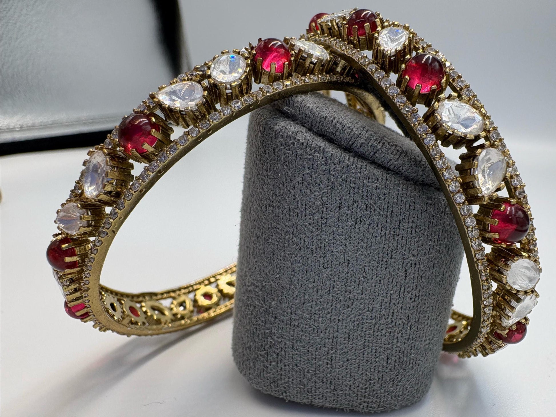 Gold Statement Bangle Set with Red & Clear Crystal Accents • Traditional Wedding Bangles • Festive Indian Jewelry