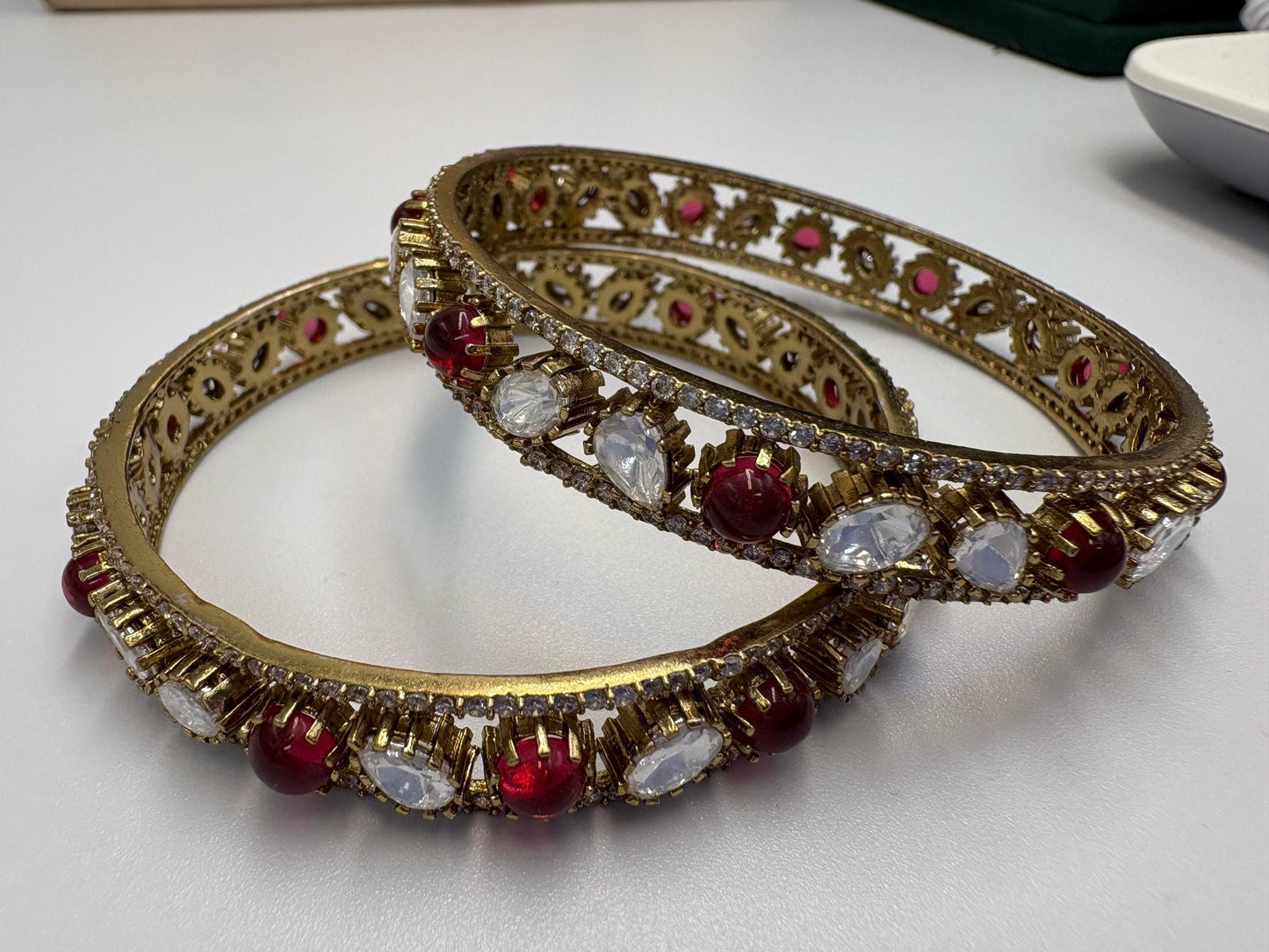 Gold Statement Bangle Set with Red & Clear Crystal Accents • Traditional Wedding Bangles • Festive Indian Jewelry