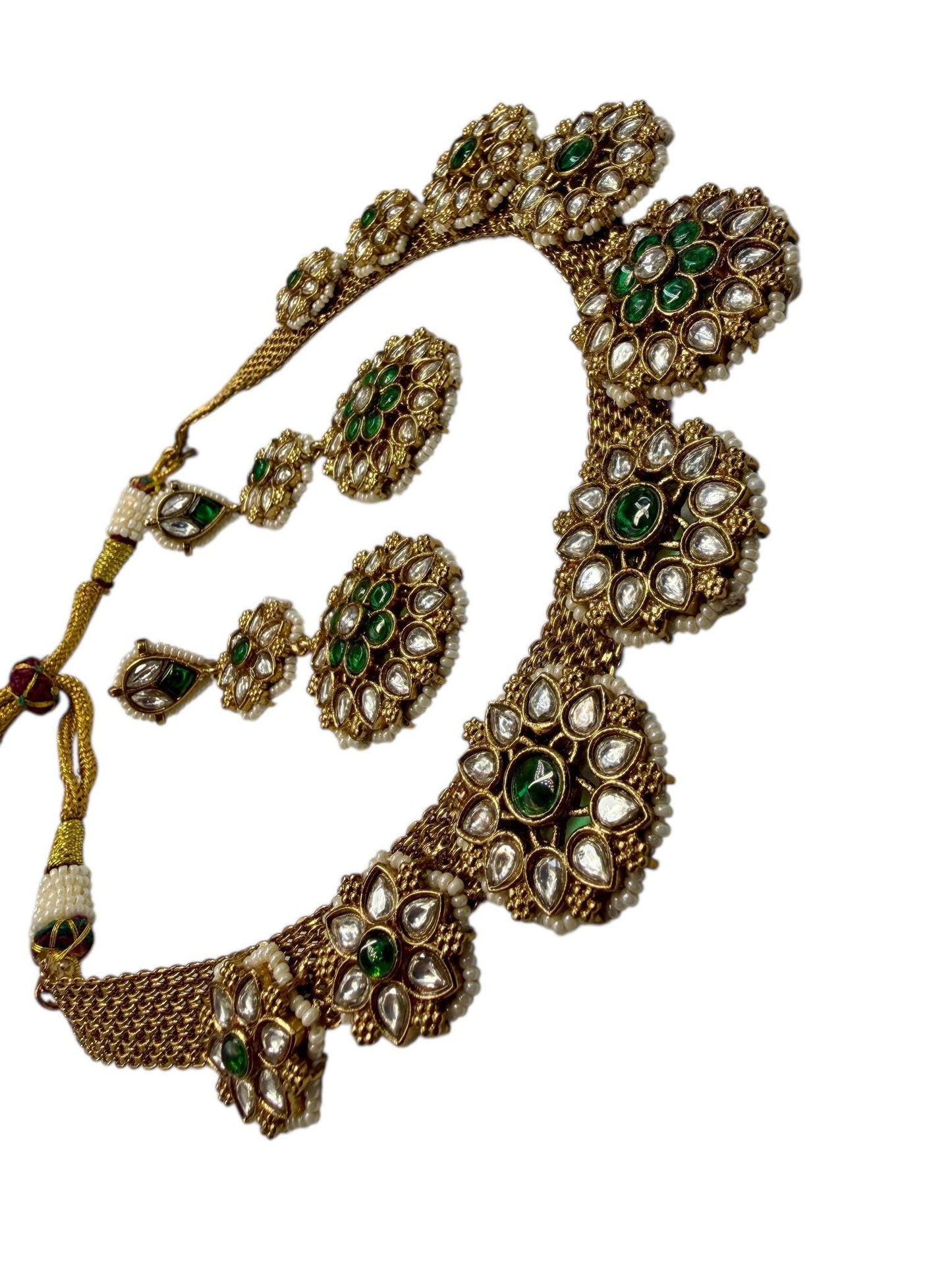 Gold Tone Floral Necklace Set with Earrings • Green Accent Bridal Jewelry • Wedding & Festive Statement Set