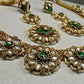 Gold Tone Floral Necklace Set with Earrings • Green Accent Bridal Jewelry • Wedding & Festive Statement Set
