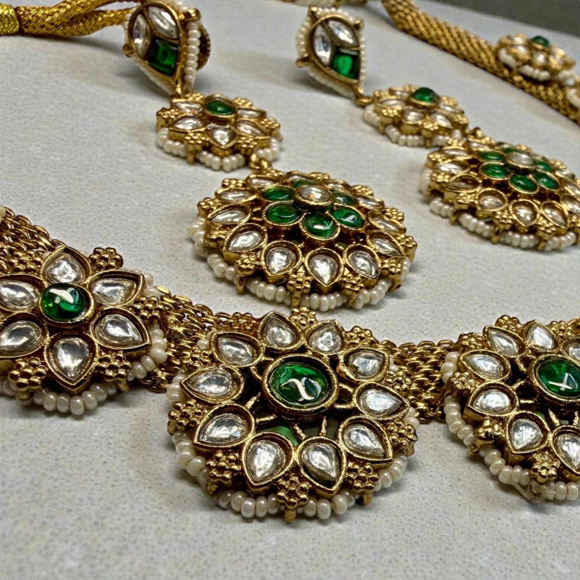 Gold Tone Floral Necklace Set with Earrings • Green Accent Bridal Jewelry • Wedding & Festive Statement Set