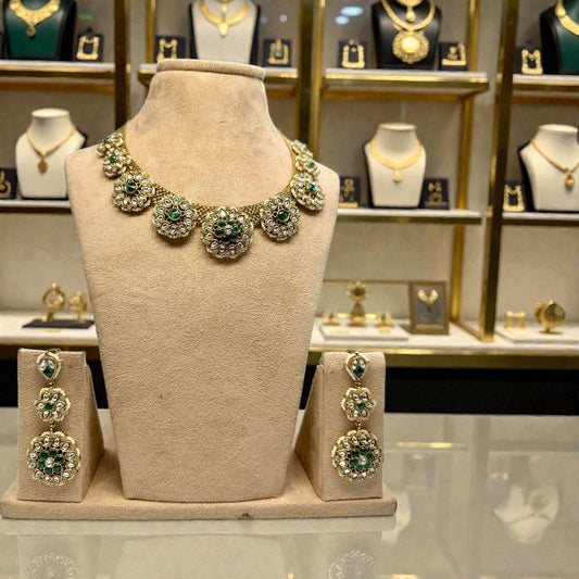 Gold Tone Floral Necklace Set with Earrings • Green Accent Bridal Jewelry • Wedding & Festive Statement Set