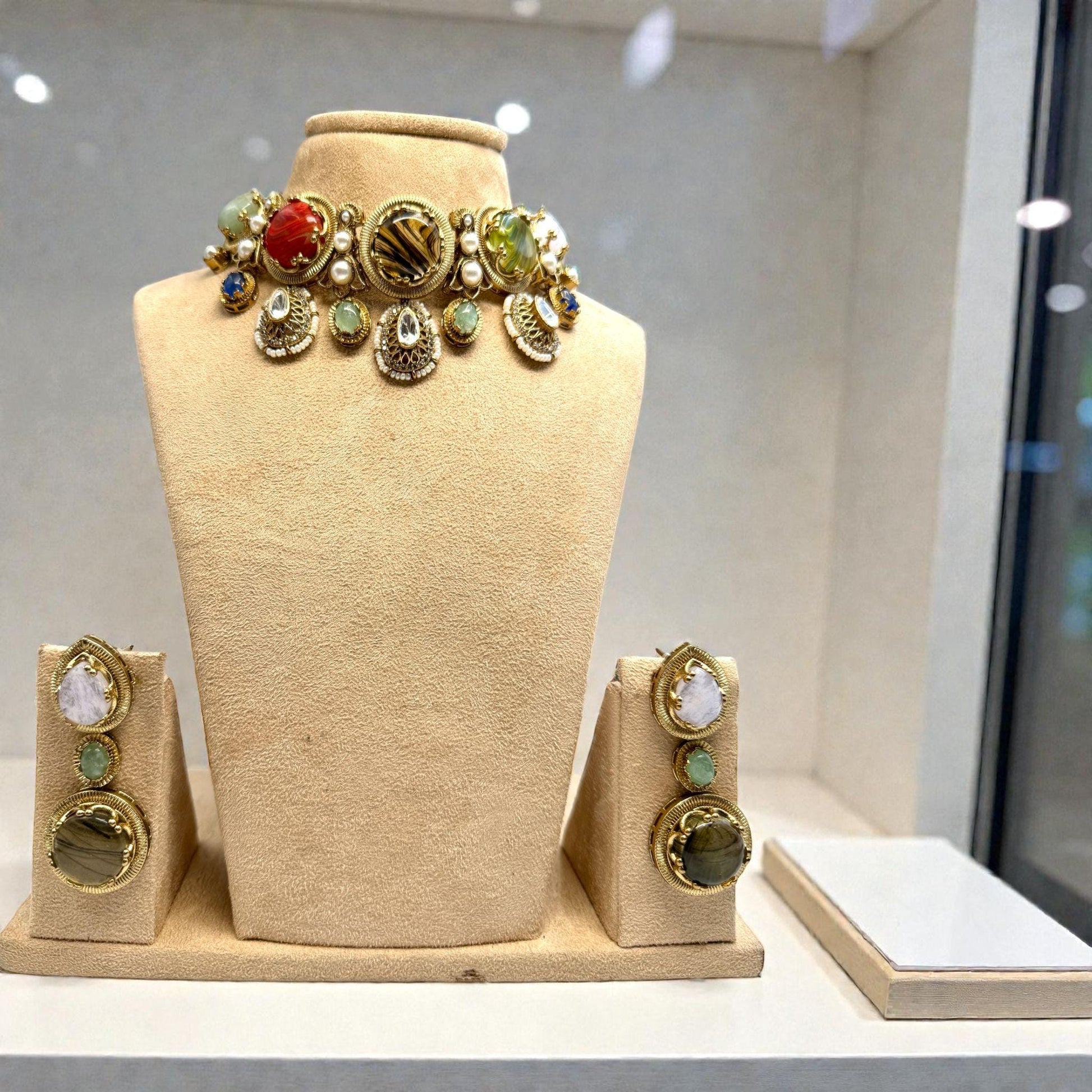 Gold Tone Multicolor Choker Necklace Set with Earrings | Bridal Statement Jewelry for Wedding & Festive Wear