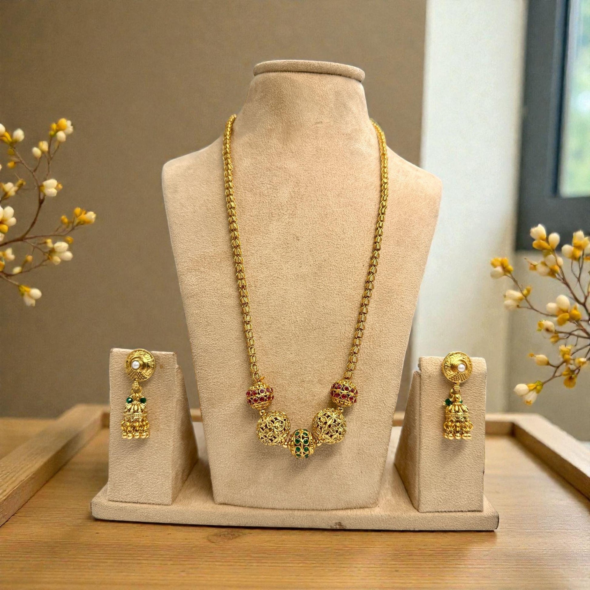 Traditional Gold Tone Necklace Set with Matching Earrings | Indian Wedding Jewelry Set | Ethnic Statement Jewelry