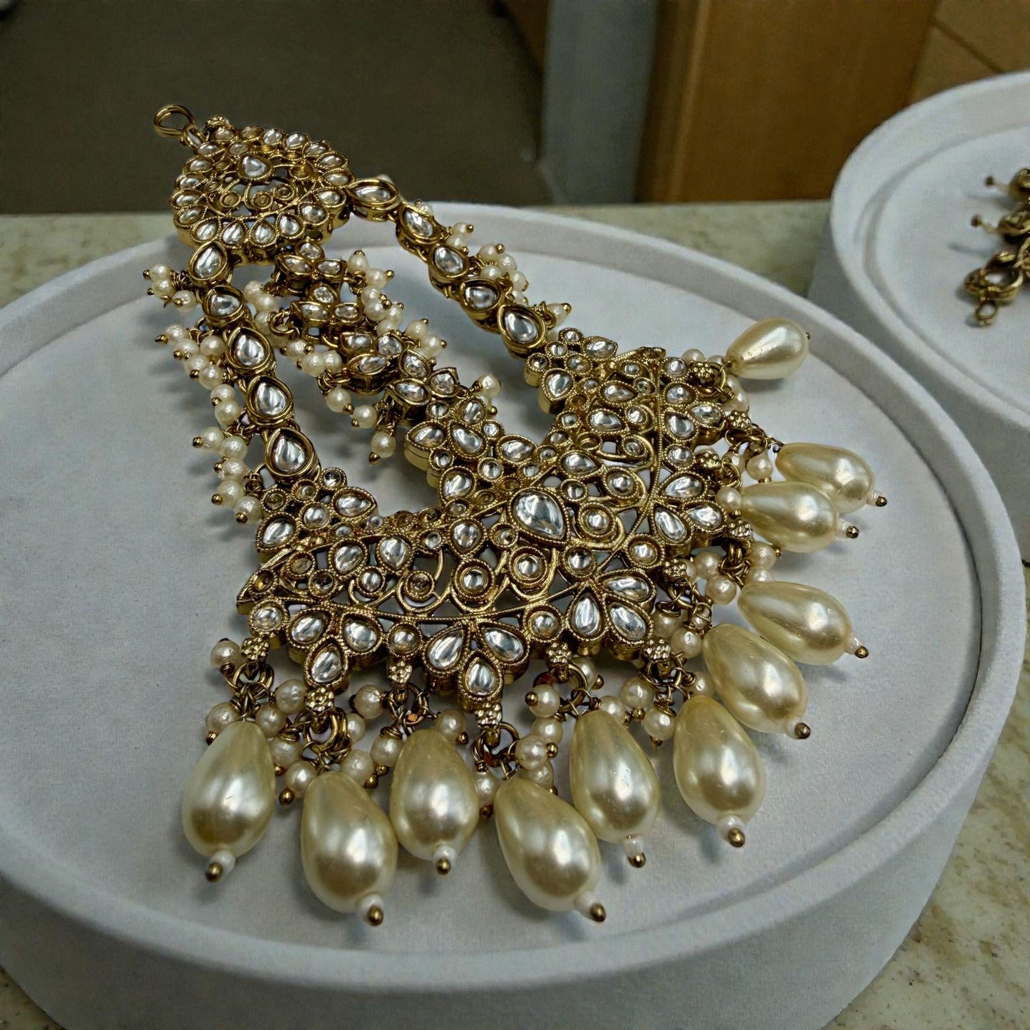 Gold Tone Kundan Style Statement Earrings with Pearl Drops | Bridal Indian Wedding Earrings | Traditional Festive Jewelry