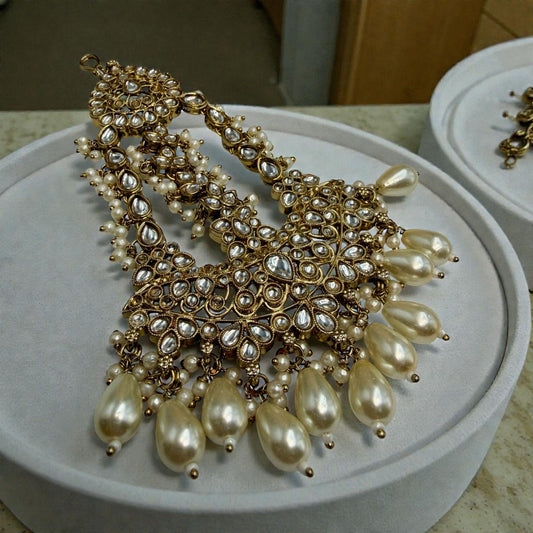 Gold Tone Kundan Style Statement Earrings with Pearl Drops | Bridal Indian Wedding Earrings | Traditional Festive Jewelry