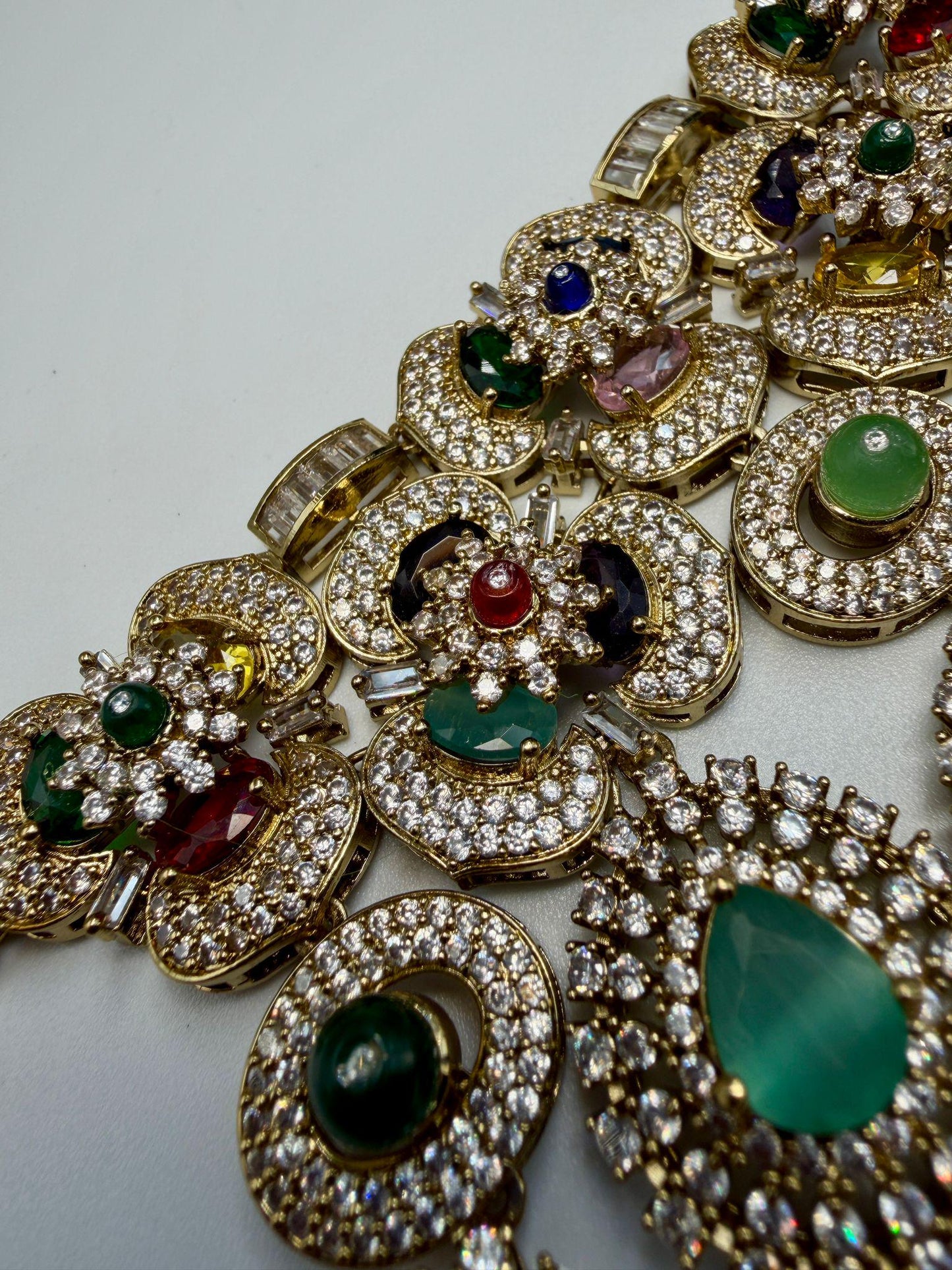 Multicolor Bridal Choker Necklace Set with Matching Earrings | Antique Gold Statement Wedding Jewelry
