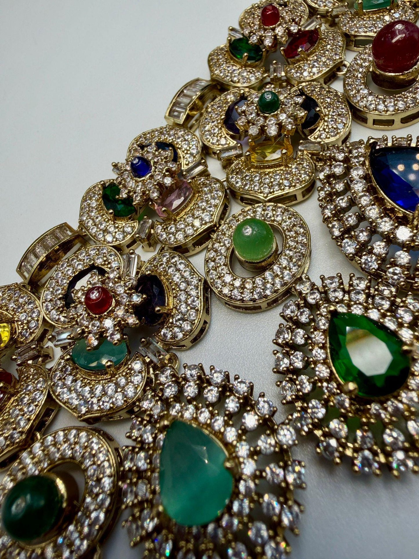 Multicolor Bridal Choker Necklace Set with Matching Earrings | Antique Gold Statement Wedding Jewelry