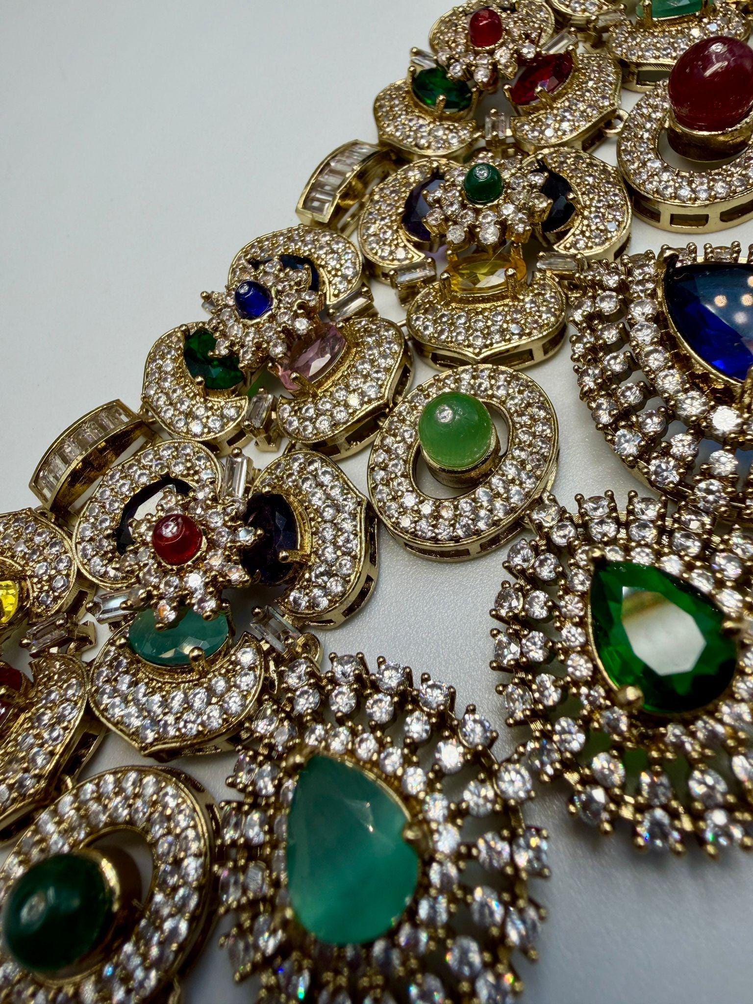 Multicolor Bridal Choker Necklace Set with Matching Earrings | Antique Gold Statement Wedding Jewelry