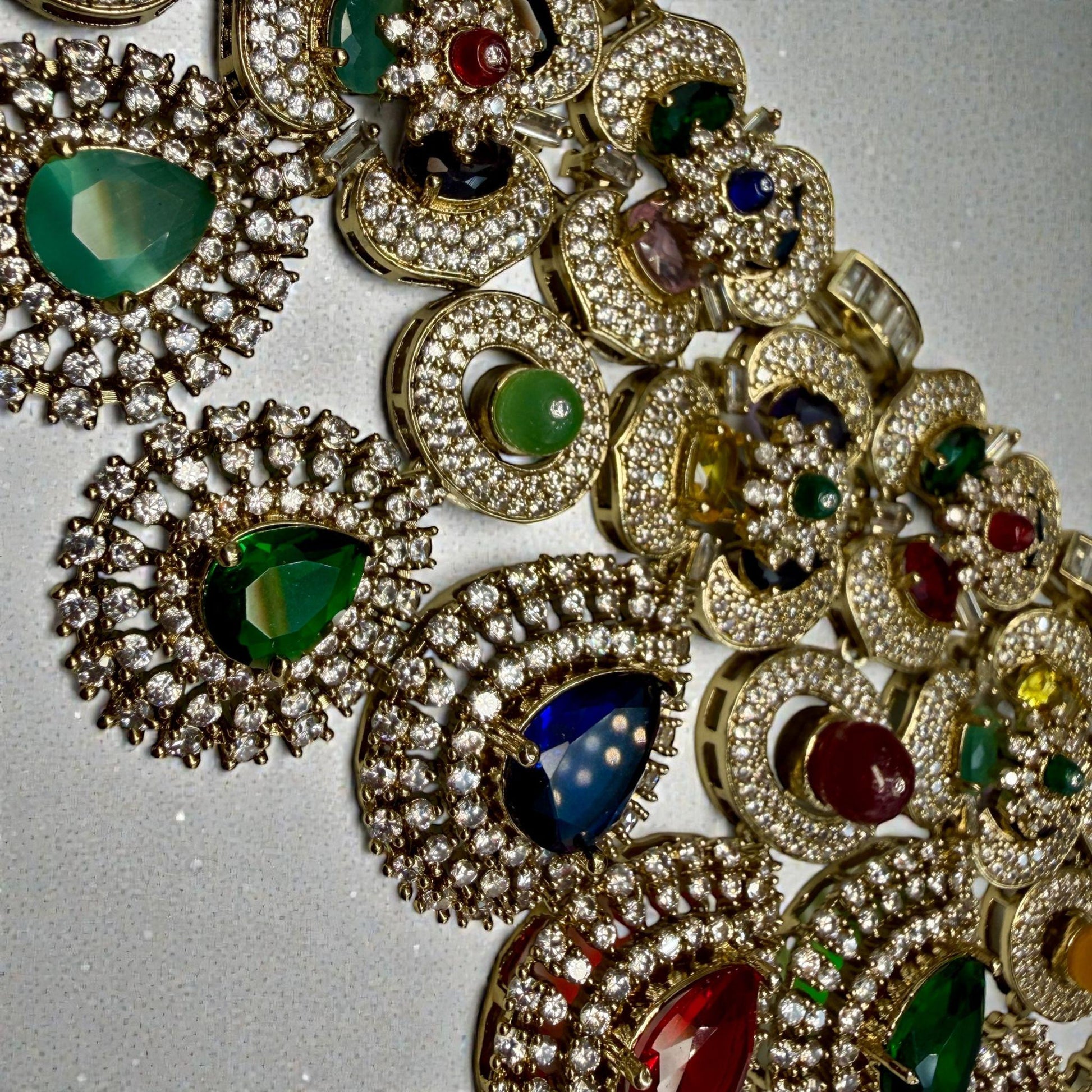 Multicolor Bridal Choker Necklace Set with Matching Earrings | Antique Gold Statement Wedding Jewelry