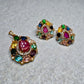 Gold Tone Teardrop Pendant & Stud Earrings Set | Multi-Color Stones