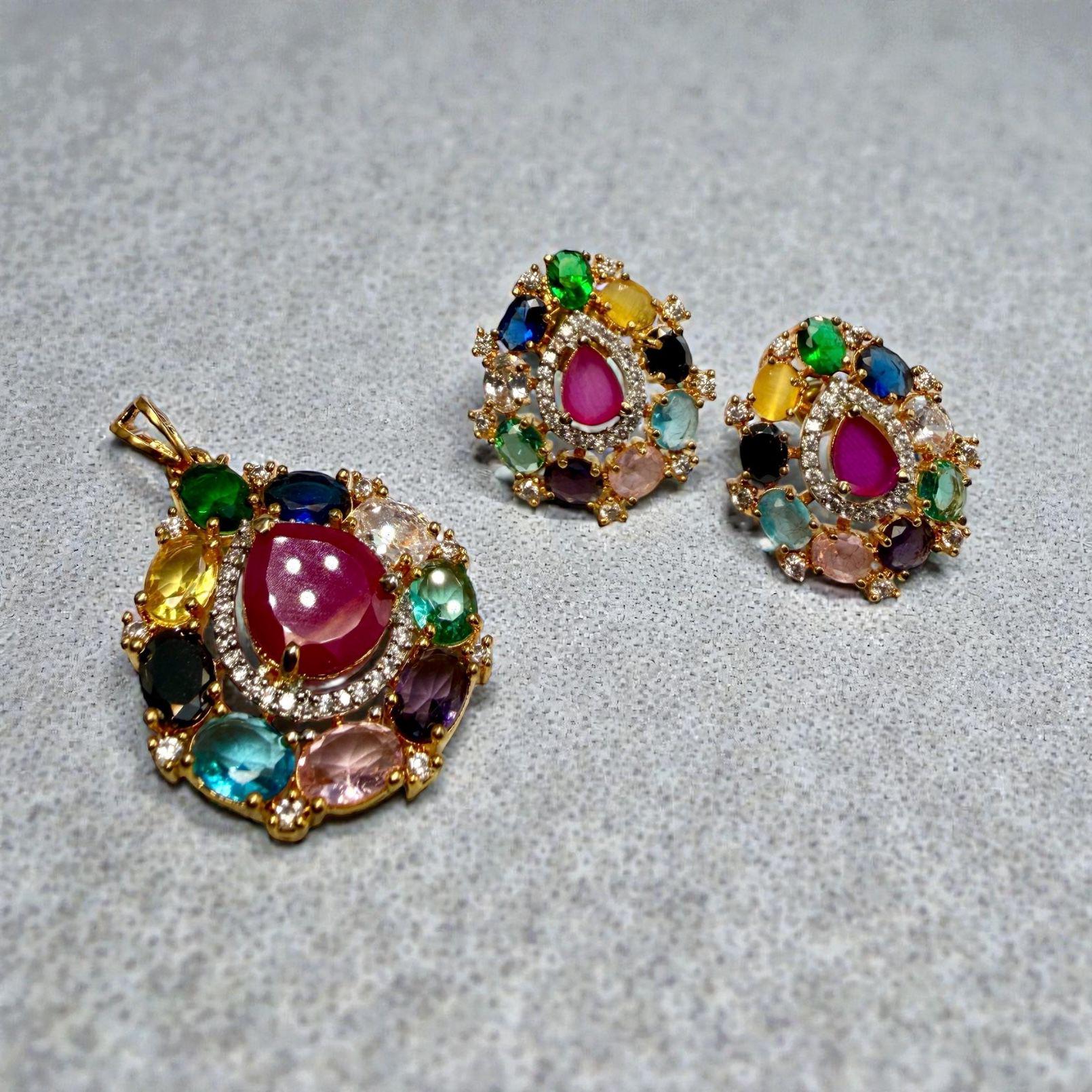 Gold Tone Teardrop Pendant & Stud Earrings Set | Multi-Color Stones
