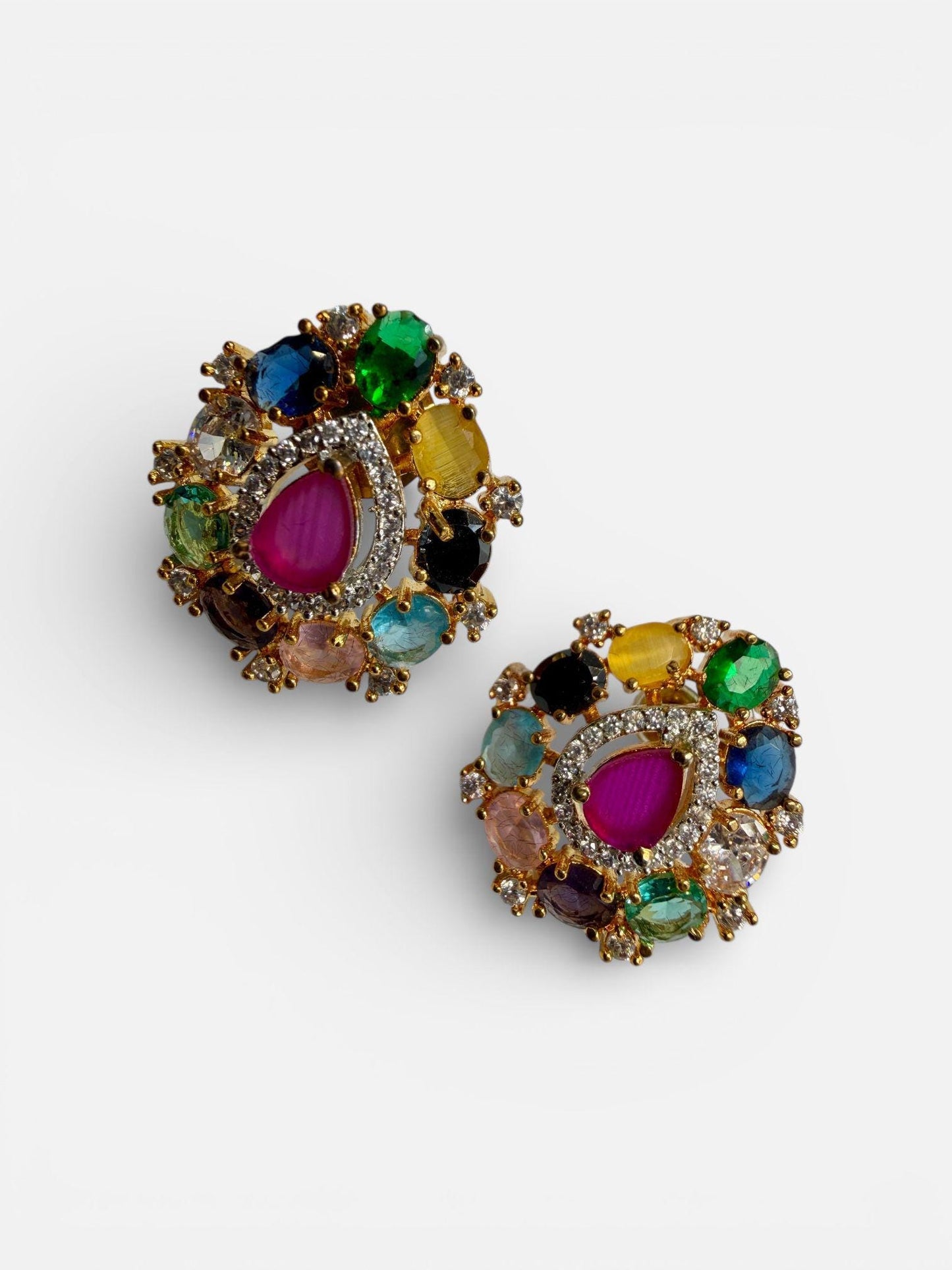 Gold Tone Teardrop Pendant & Stud Earrings Set | Multi-Color Stones