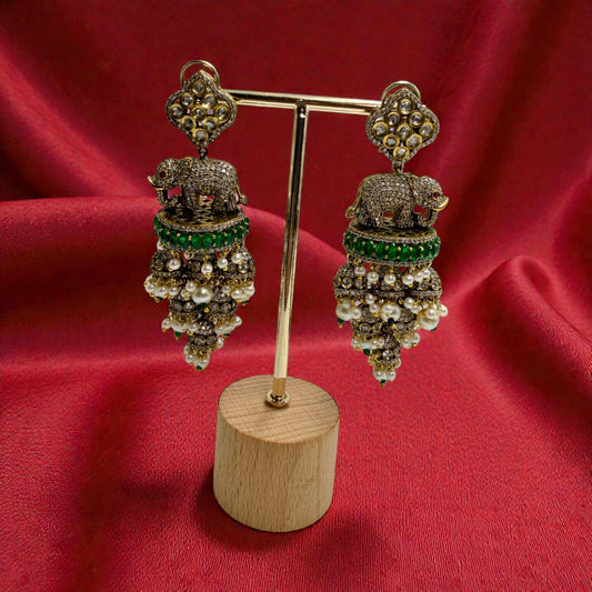 Elephant Jhumka Earrings | Traditional Indian Statement Earrings | Pearl Drop Gold Tone Jewelry