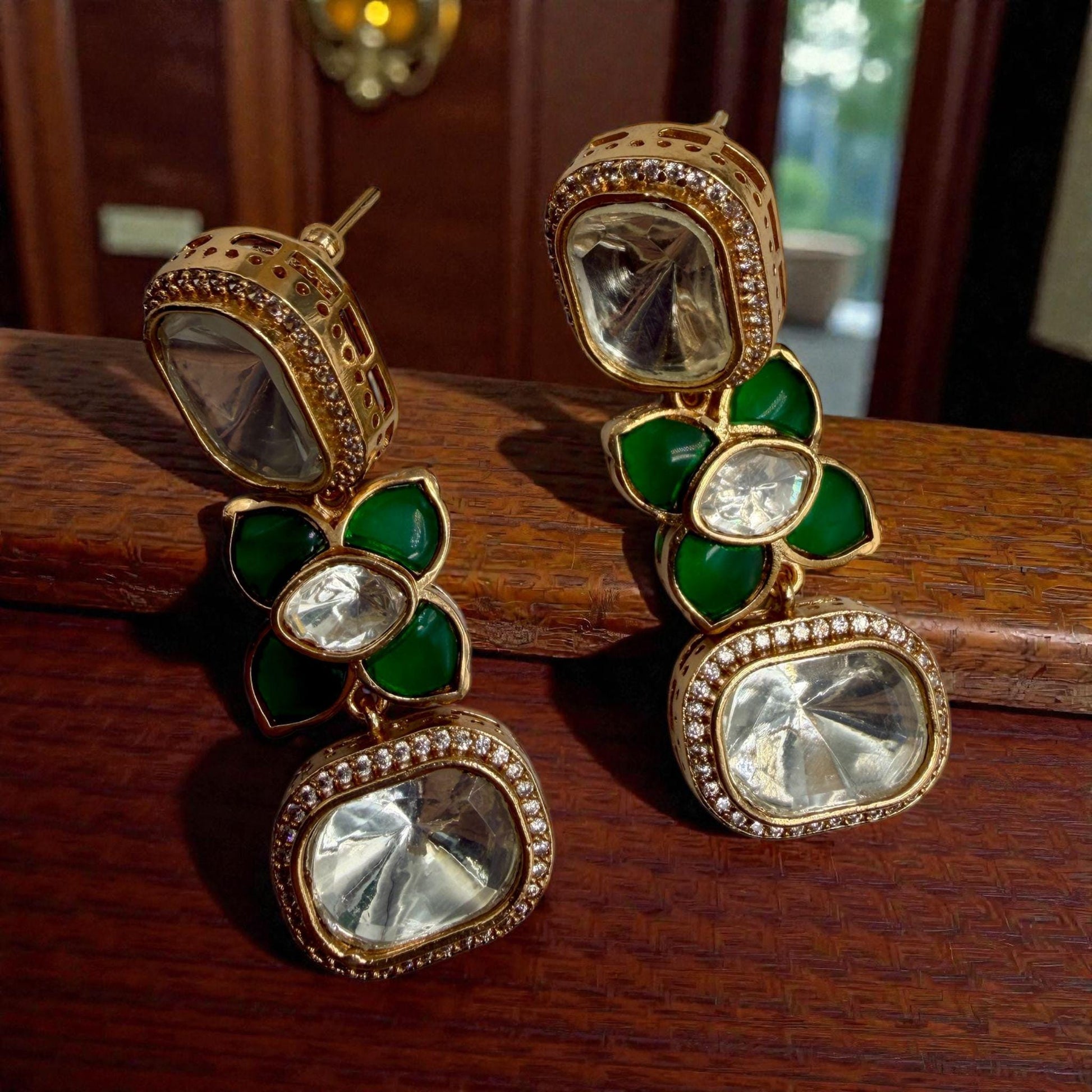 Green Floral Drop Earrings | Gold Tone Statement Earrings | Elegant Party & Wedding Jewelry