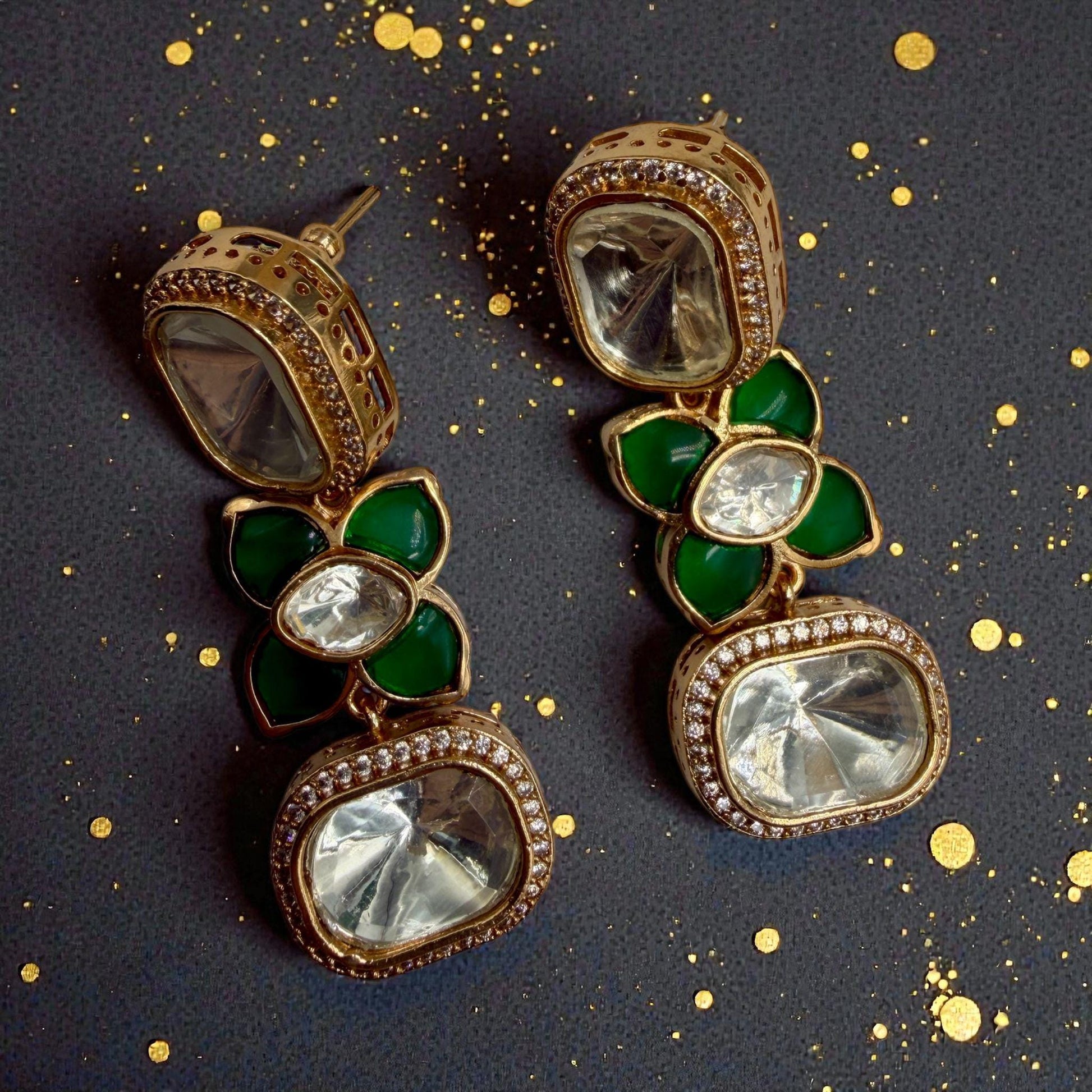 Green Floral Drop Earrings | Gold Tone Statement Earrings | Elegant Party & Wedding Jewelry