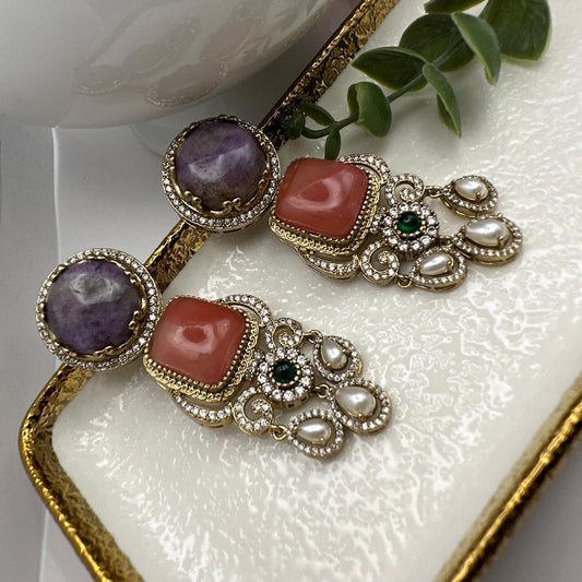 New  Gemstone Dangle Earrings, Purple Amethyst & Coral, Gold Tone, Pearl Accent, Statement Jewelry