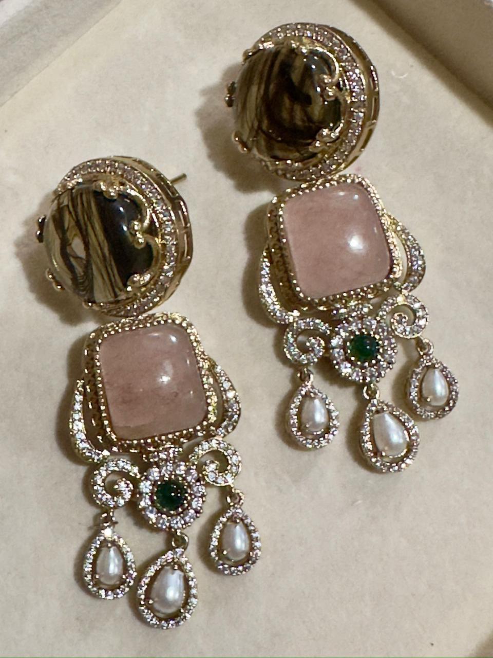 New  Gemstone Dangle Earrings, Purple Amethyst & Coral, Gold Tone, Pearl Accent, Statement Jewelry