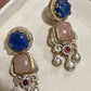 New  Gemstone Dangle Earrings, Purple Amethyst & Coral, Gold Tone, Pearl Accent, Statement Jewelry