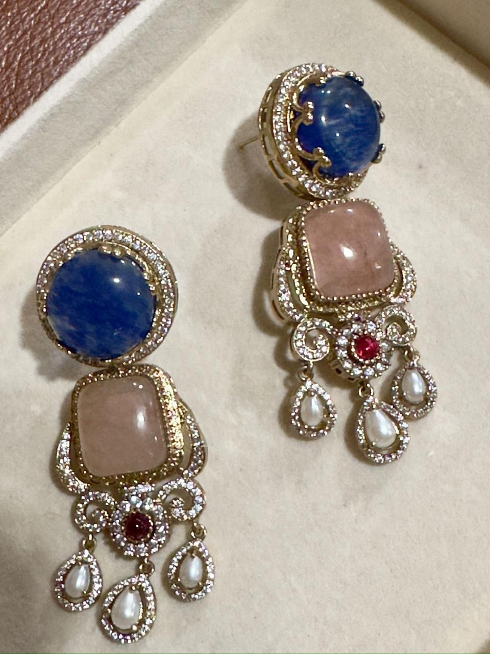 New  Gemstone Dangle Earrings, Purple Amethyst & Coral, Gold Tone, Pearl Accent, Statement Jewelry
