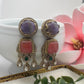 New  Gemstone Dangle Earrings, Purple Amethyst & Coral, Gold Tone, Pearl Accent, Statement Jewelry