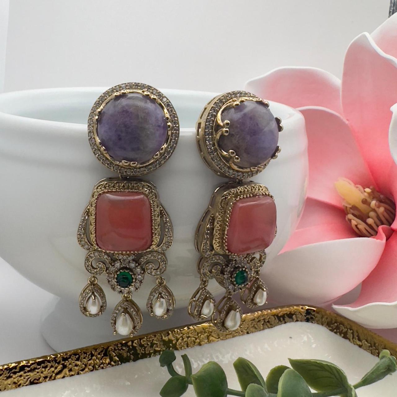 New  Gemstone Dangle Earrings, Purple Amethyst & Coral, Gold Tone, Pearl Accent, Statement Jewelry