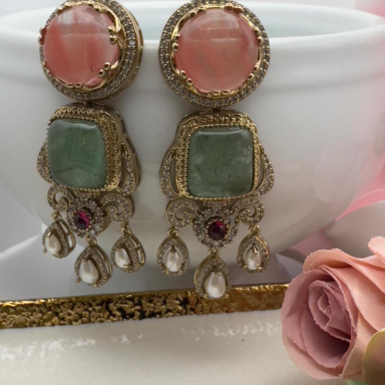New  Gemstone Dangle Earrings, Purple Amethyst & Coral, Gold Tone, Pearl Accent, Statement Jewelry