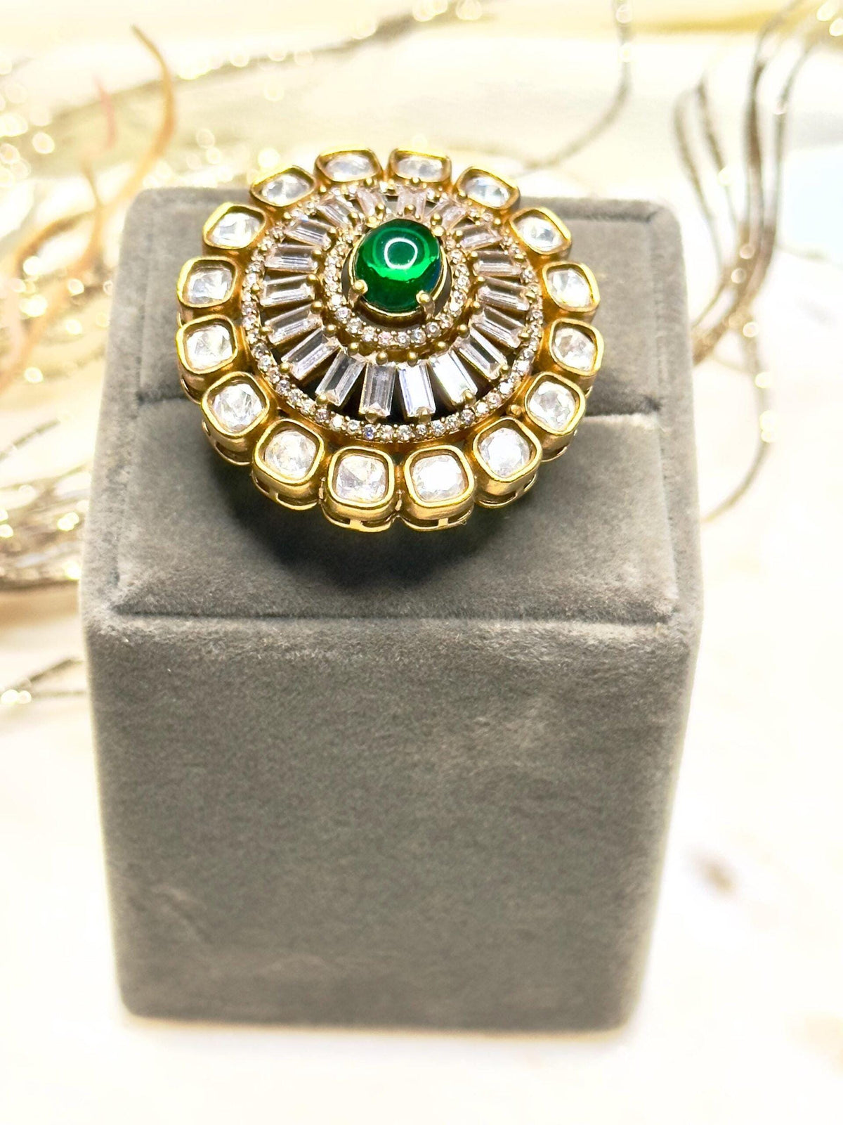 Maha Rani Gold plated antique finish kundan bold ring