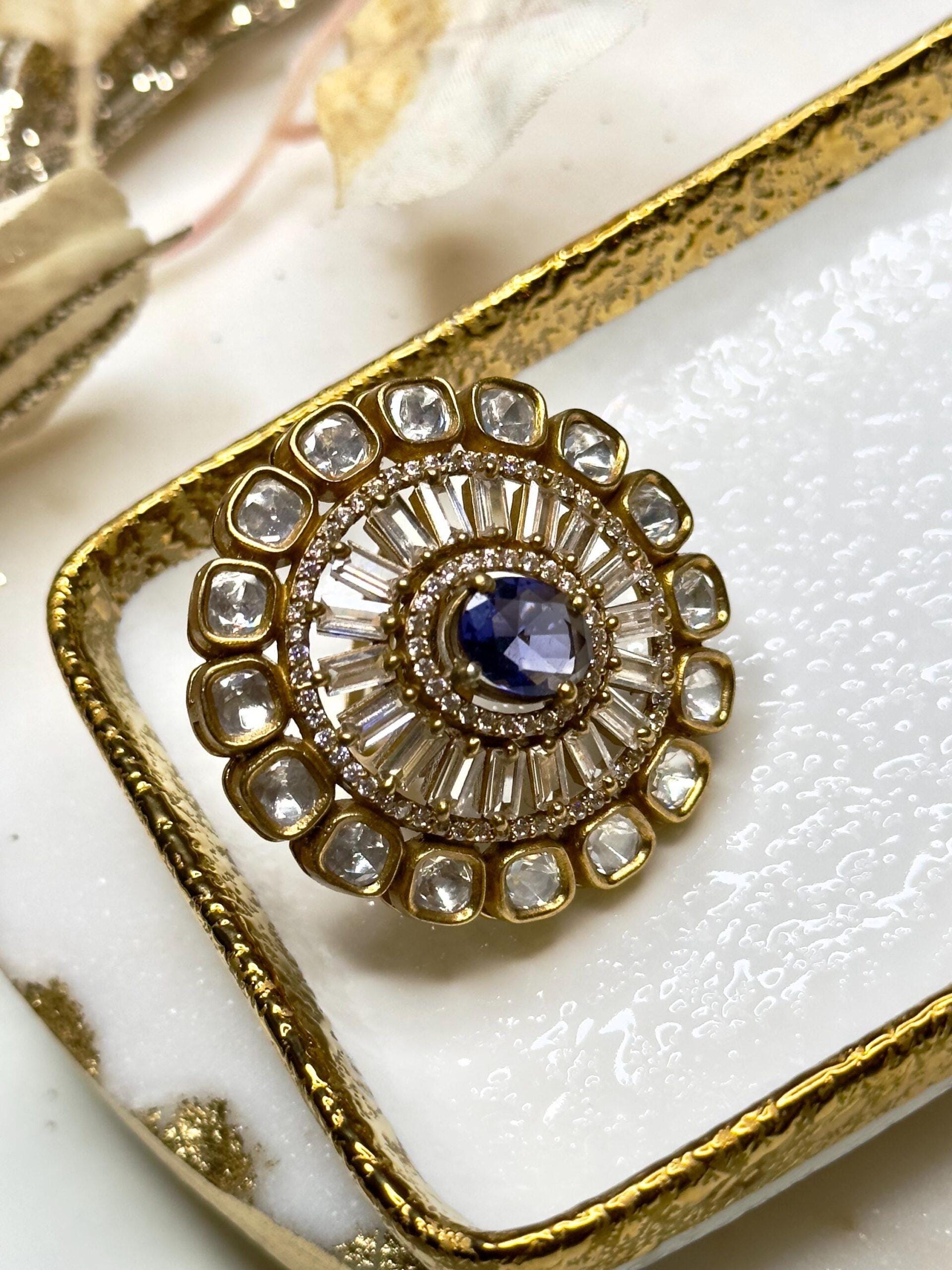 Maha Rani Gold plated antique finish kundan bold ring