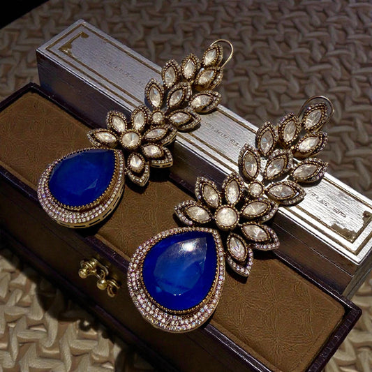 Royal Blue Teardrop Earrings | Gold Floral Statement Jewelry