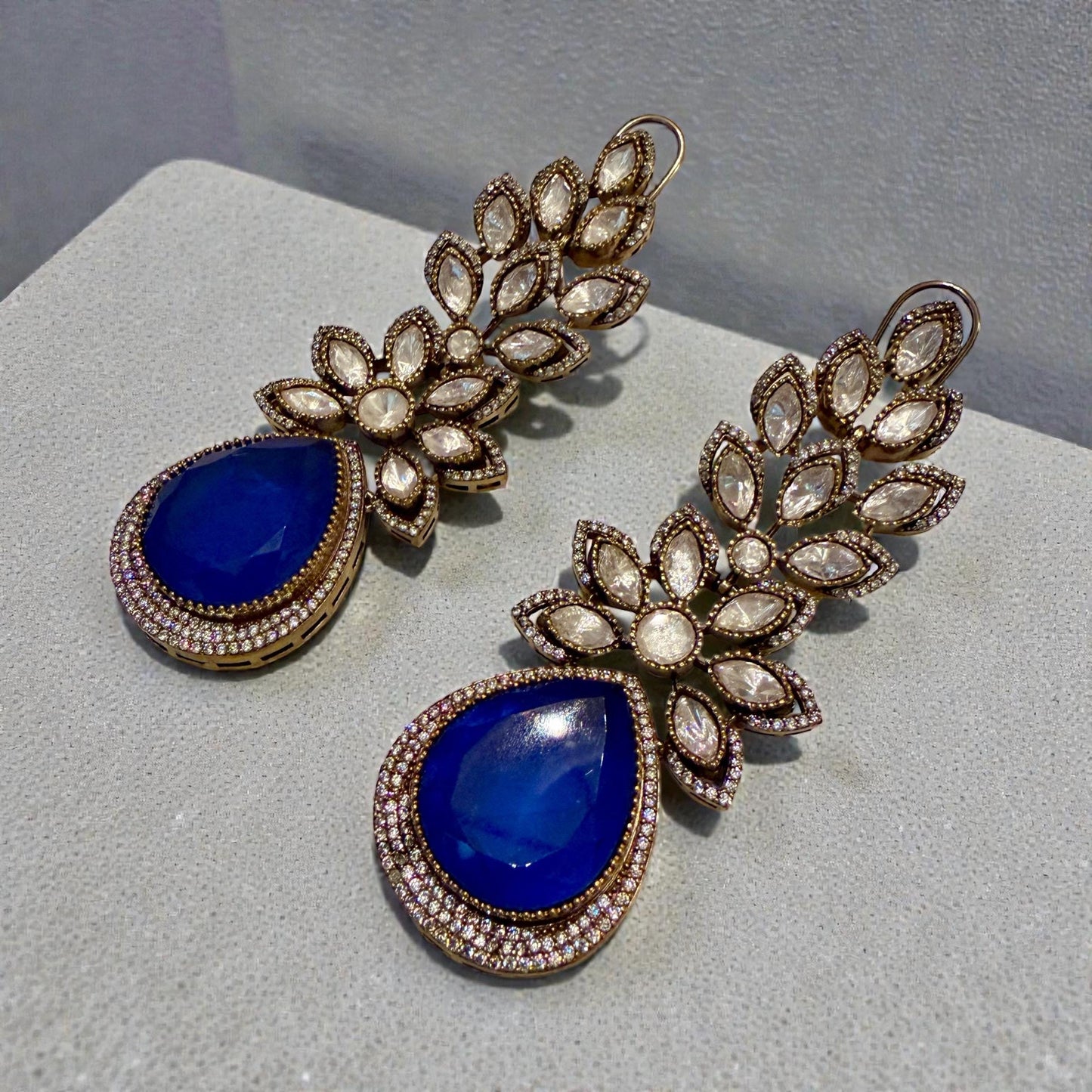 Royal Blue Teardrop Earrings | Gold Floral Statement Jewelry